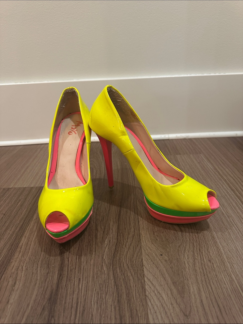 Molo Neon Yellow Peep-Toe Platform Pumps with Pink & Green Accents